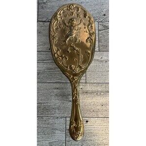 Vintage Cherub Vanity Dresser Brush Silver Plated Peony Flowers Scrolls 8" Tall